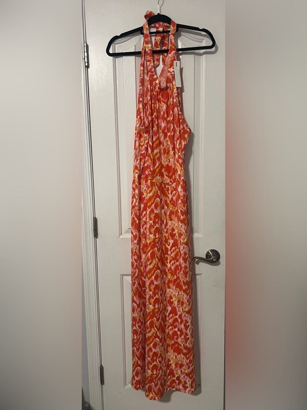 Halter Maxi Dress in Coral & Yellow Abstract Print